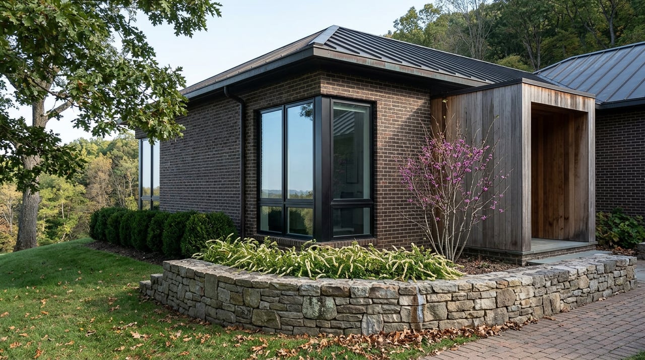 Dark brick hillside home with a cedar entry, glass bay, and curved fieldstone wall beside a sloped lawn.