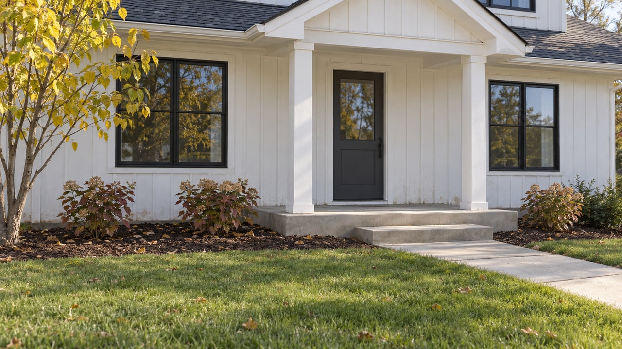 White board-and-batten home with a charcoal gabled porch, black-framed windows and an autumn lawn.