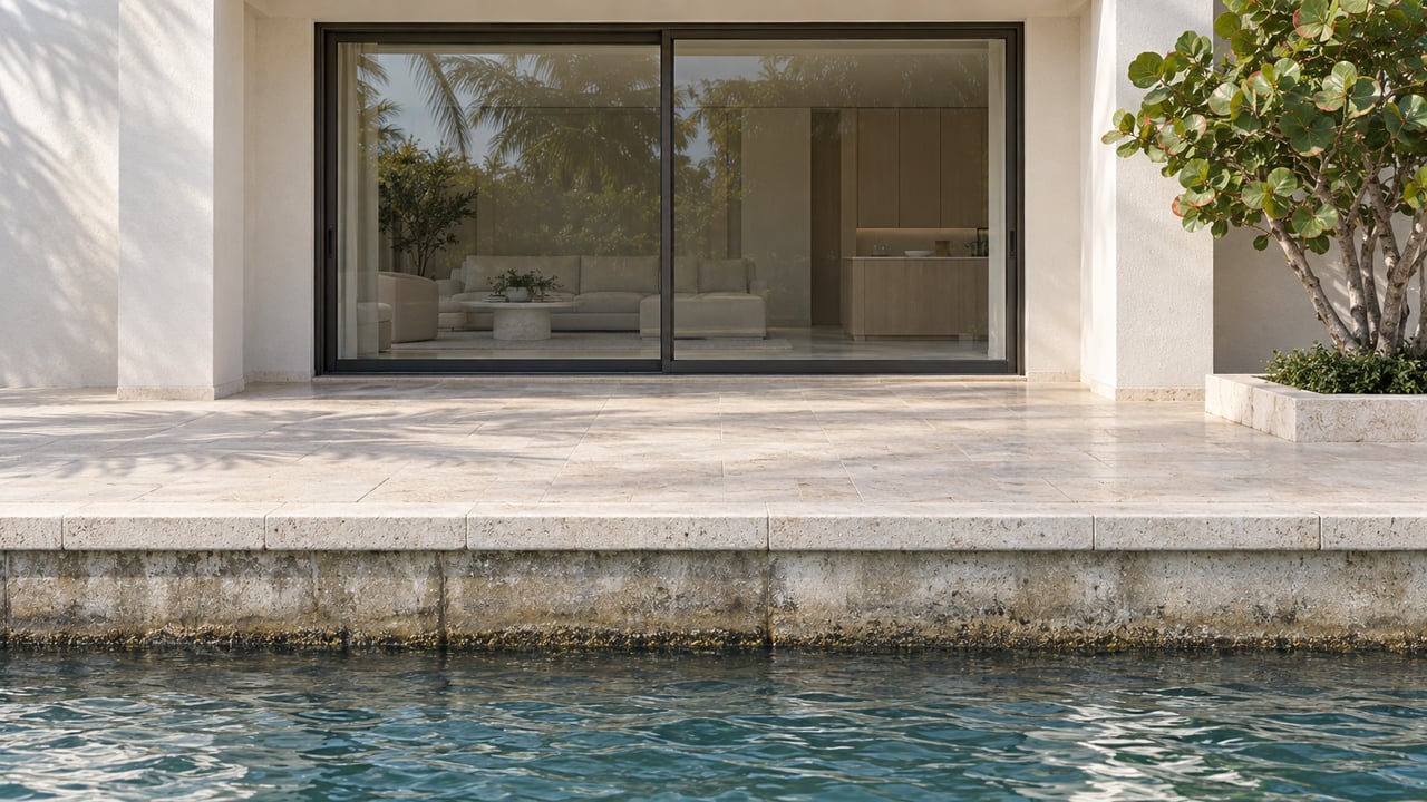 Contemporary waterfront residence with a broad glass door, limestone terrace, leafy planter, and rippling tidal water.