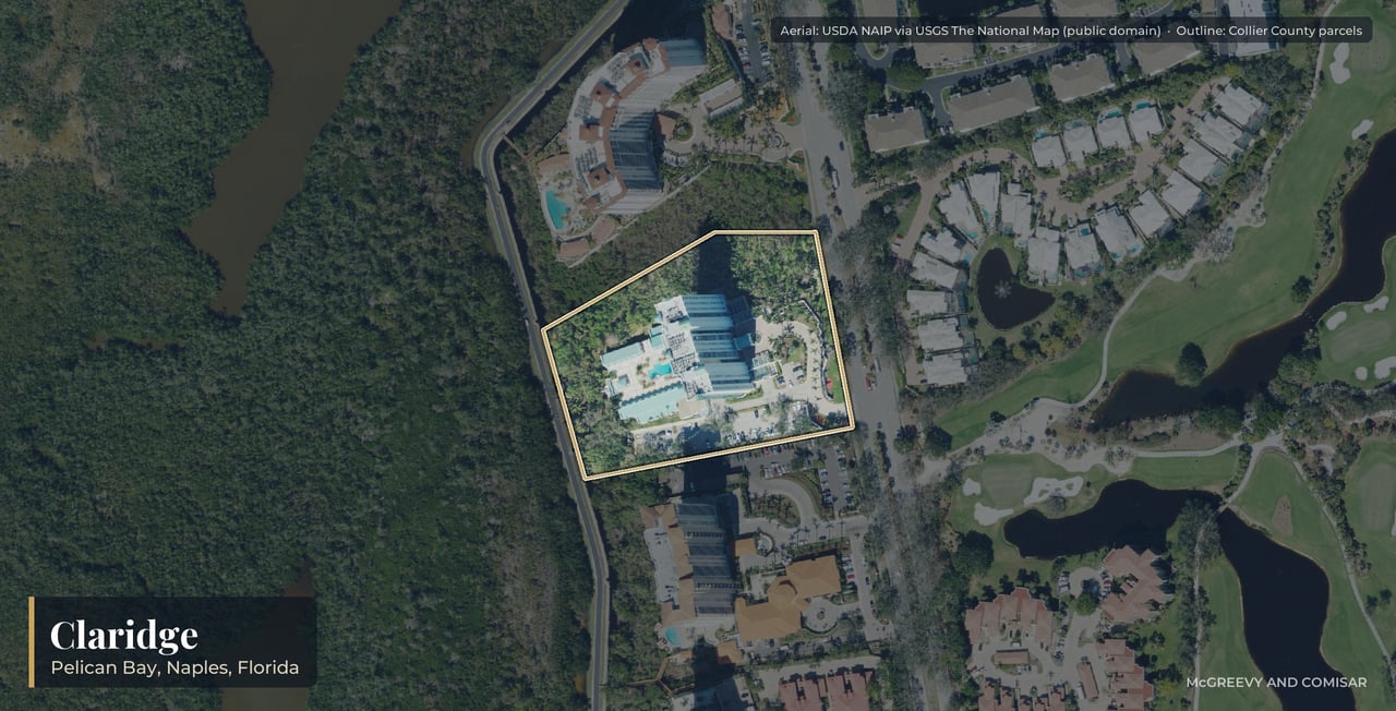 Aerial view of Claridge at Pelican Bay, Naples, Florida, with its parcels outlined