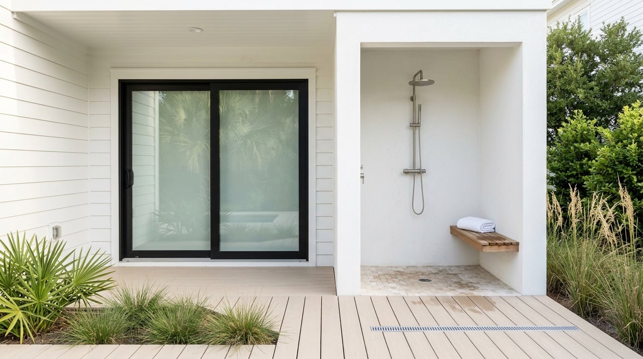 Coastal porch threshold with an outdoor shower and carefully placed greenery.