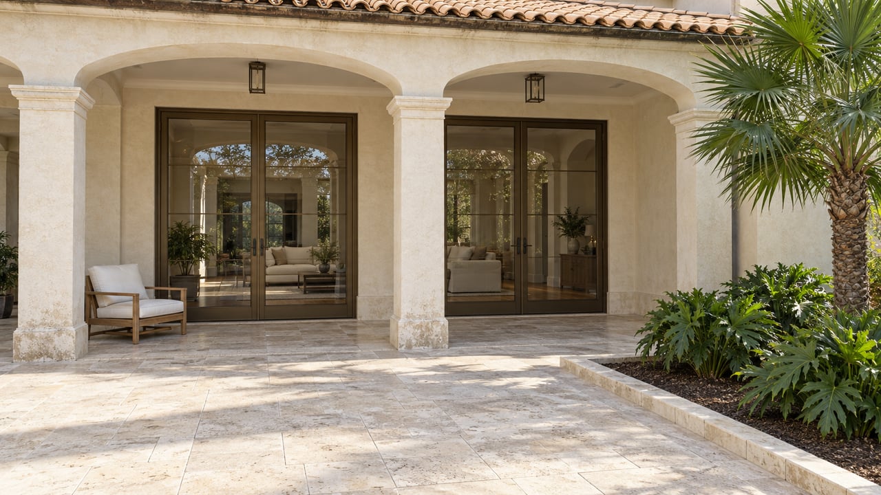 Sunlit ivory-stucco arcade overlooking a limestone terrace with bronze-framed glass doors, a teak chair and a sculptural fan palm.