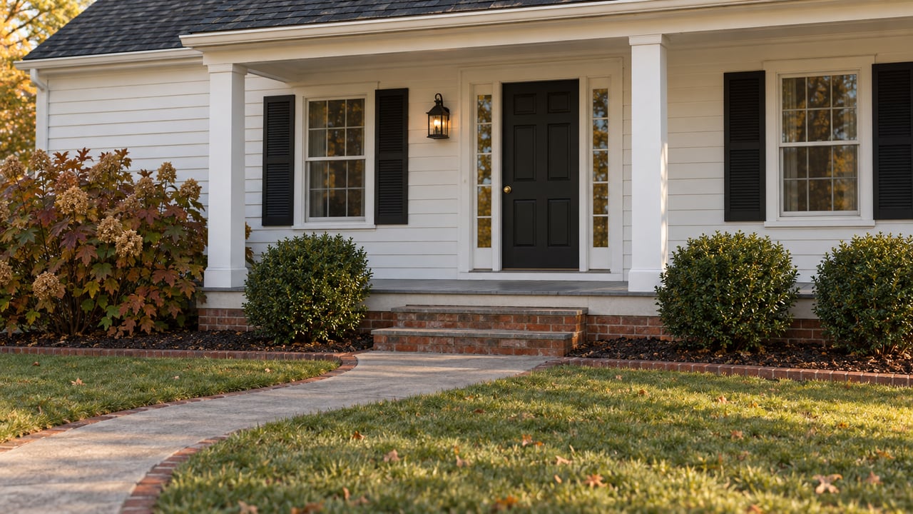 White clapboard home with a covered front porch, brick steps, broad lawn and russet oakleaf hydrangea in late-afternoon light.