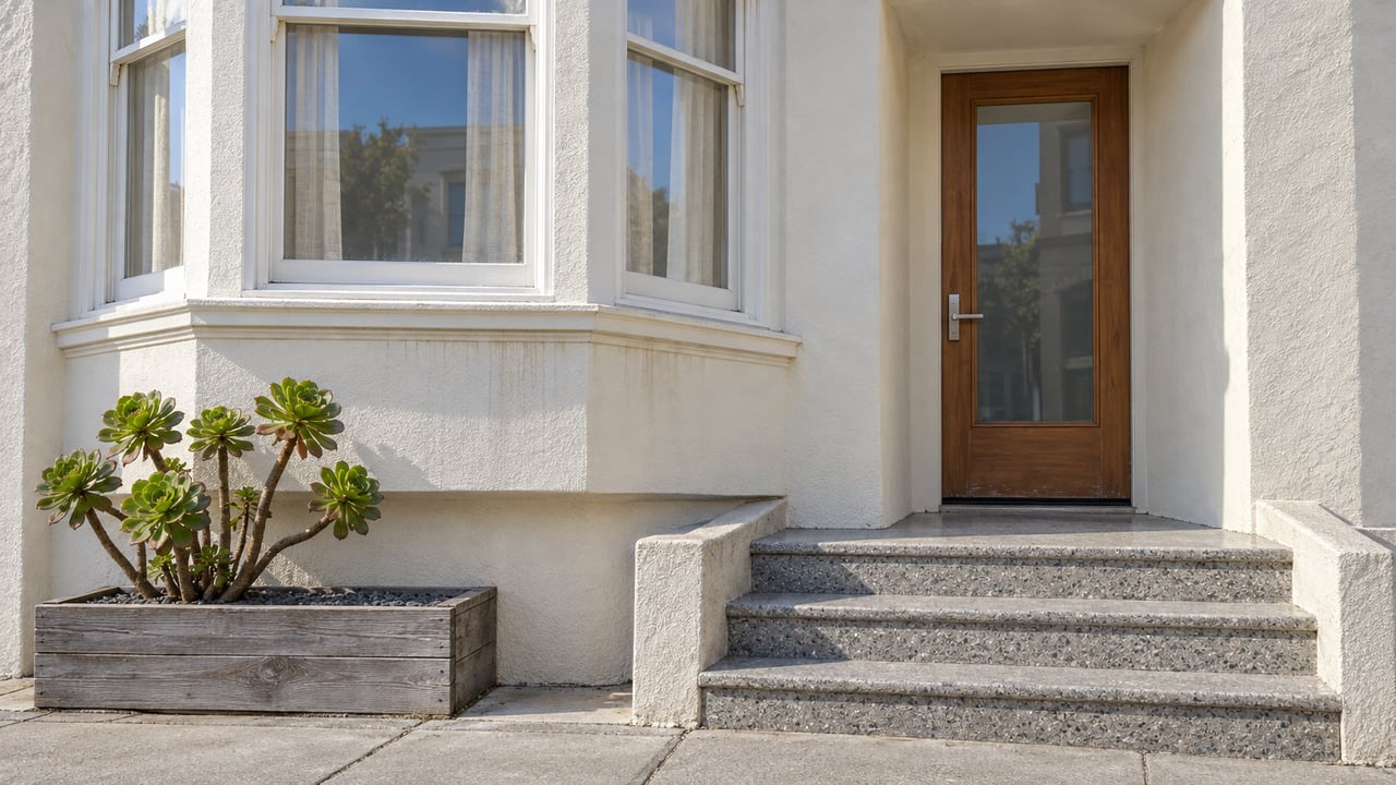 Morning light on a pale stucco residence with a projecting bay window, recessed wood-and-glass door, and worn terrazzo steps.
