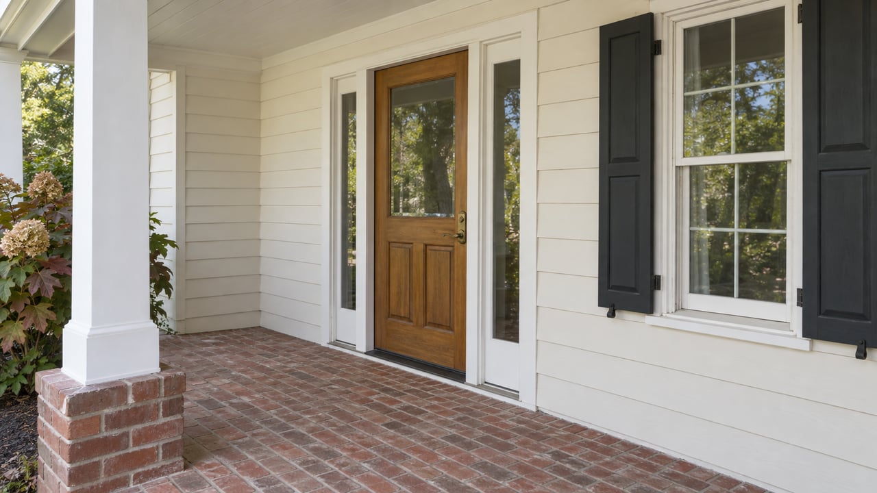 An oak front door with matching glass sidelights opens onto a worn brick porch beside ivory siding, dark window shutters and autumn oakleaf hydrangea.