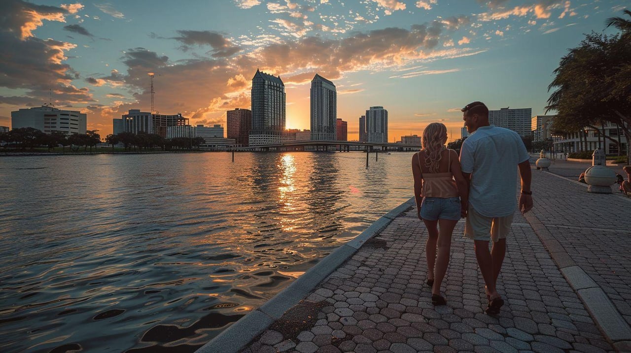 Sunset overlooking the Tampa Riverwalk and downtown skyline, one of the best date night spots in Tampa Bay.