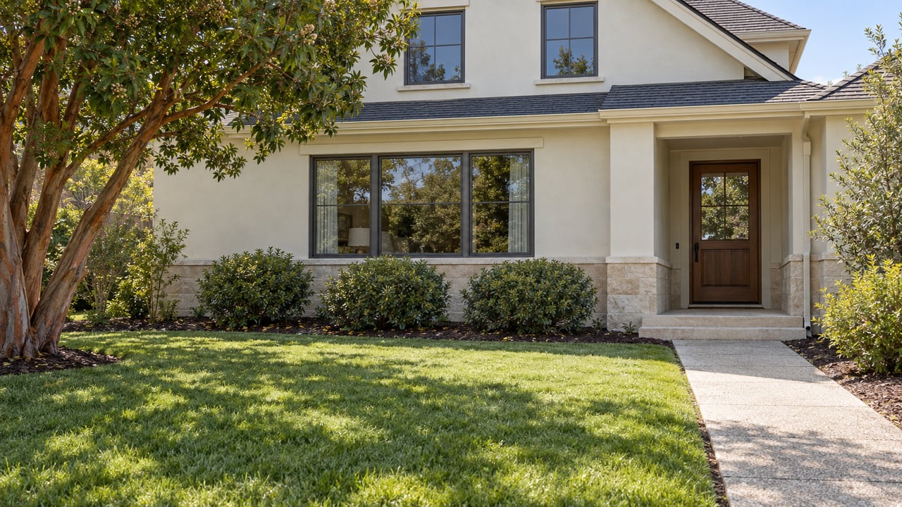 Cream-stucco gabled home with bronze-framed windows, recessed oak entry, limestone trim and a deep green front lawn.