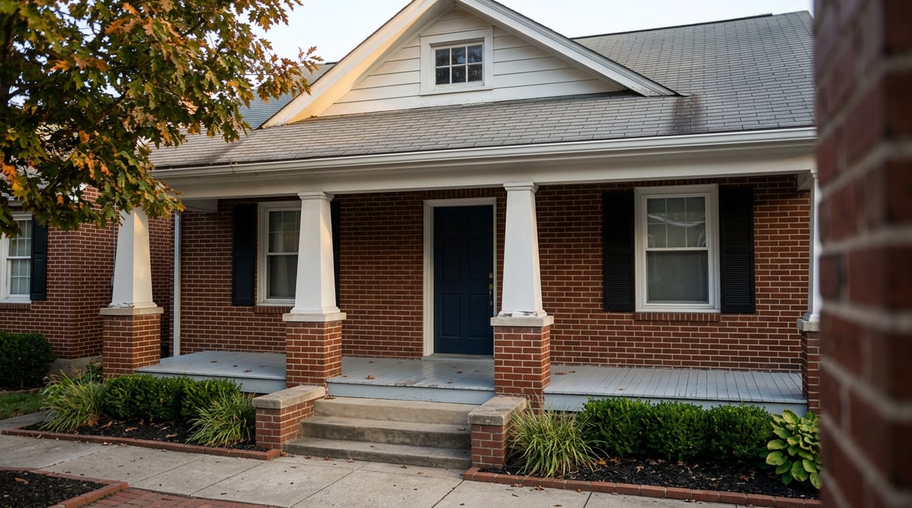 Brick rowhouse with a navy door, white porch posts, black shutters, and an oak canopy edging into view.