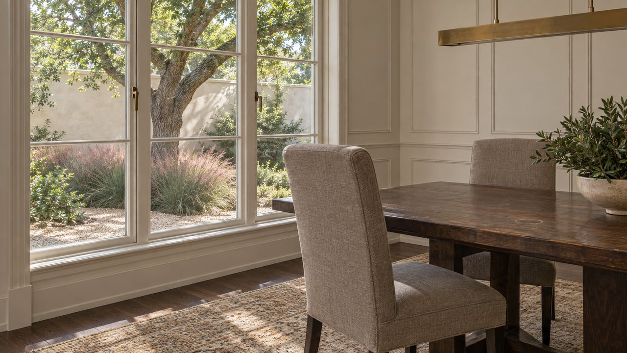 Oak dining table and upholstered chairs beside a wide window overlooking a courtyard garden.
