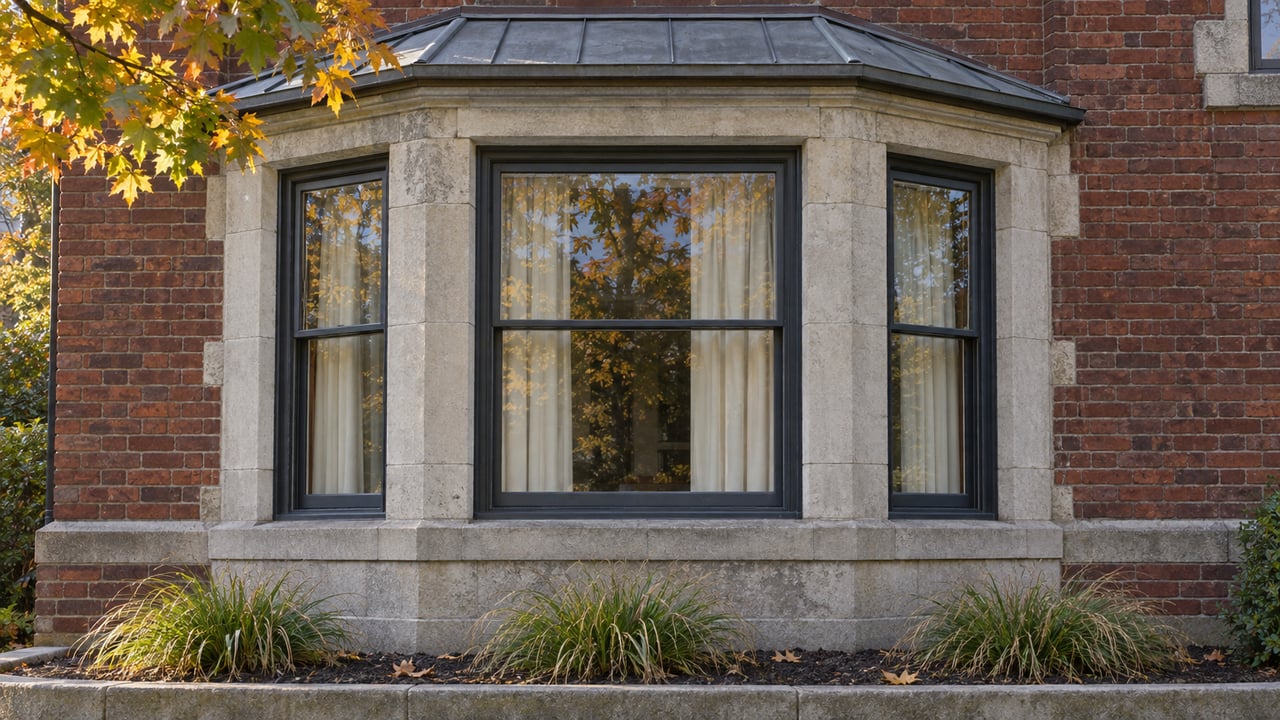 Autumn light across a red-brick home's three-sided bay window, weathered limestone trim and a small sedge bed.