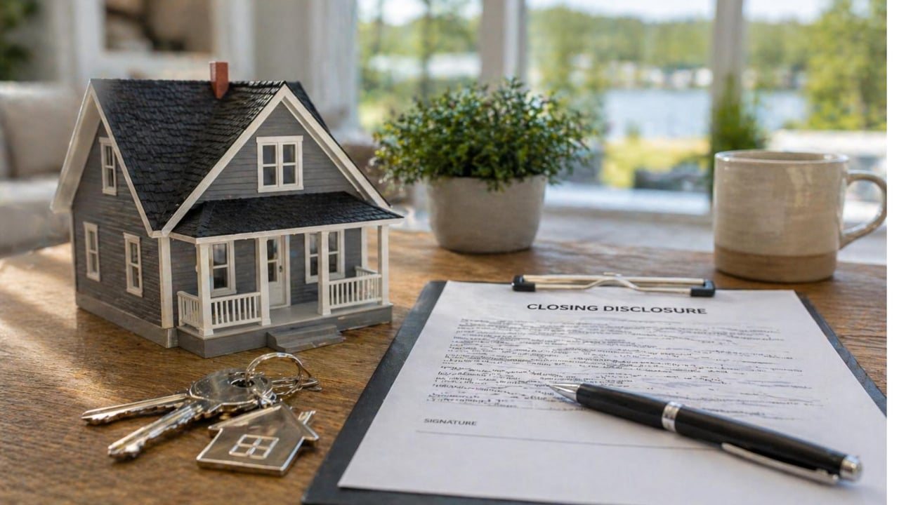 Miniature gray house and keys beside a closing disclosure document and pen.