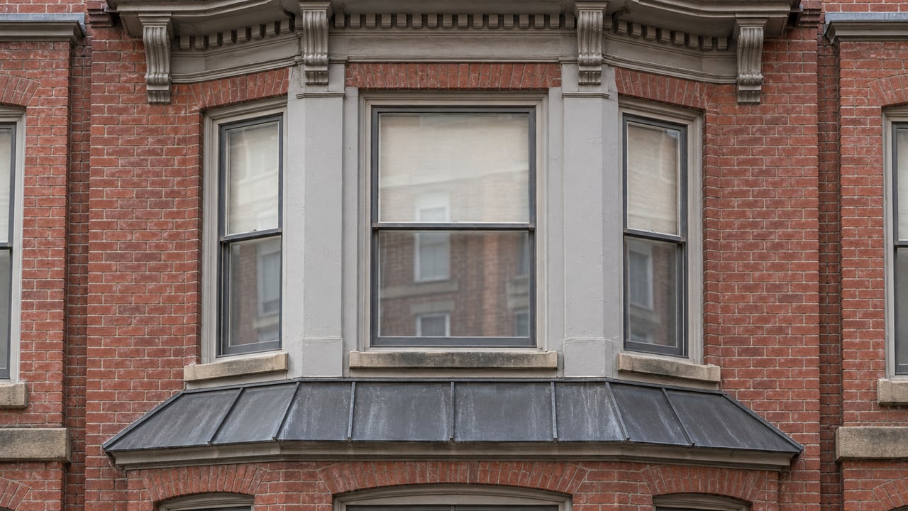 Close architectural photograph of a red-brick upper bay with gray painted sash windows, sandstone sills and a bracketed metal cornice.