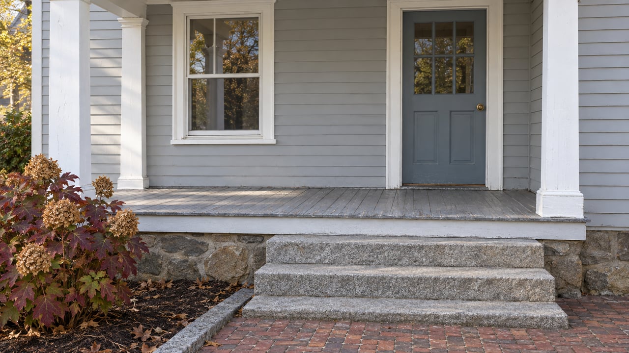 Pale-gray clapboard home with a covered white-trimmed porch, blue-gray glazed door, granite steps, and autumn oakleaf hydrangea.