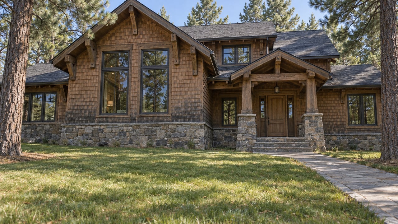 Cedar-and-stone home with a timber-covered entry, broad lawn and two mature ponderosa pines in clear morning light.