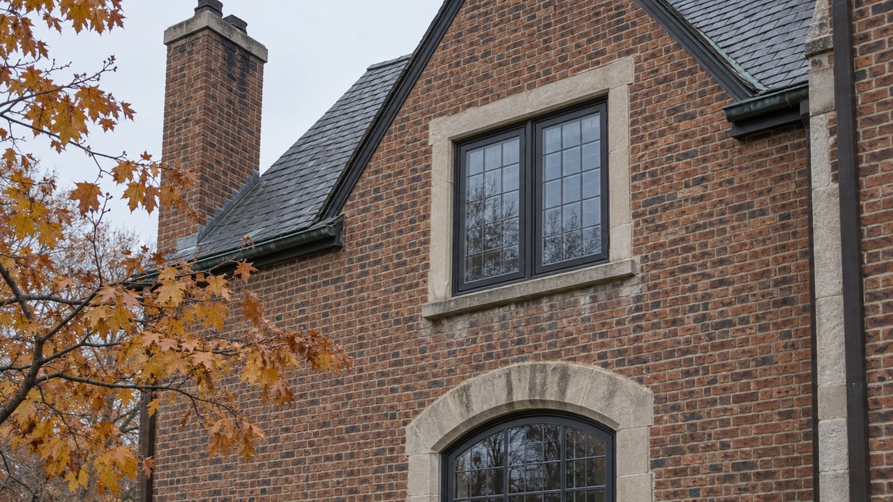 Autumn daylight on a russet brick house with a steep slate gable, limestone window surrounds and leaded glass, framed by a sparse sugar maple branch.