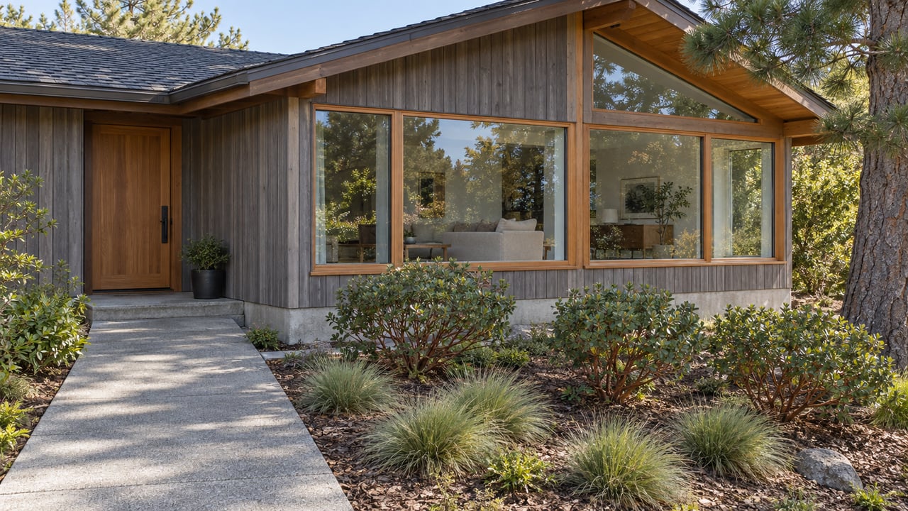 A weathered cedar home with broad timber-framed windows, a concrete garden approach, and carefully spaced native planting.