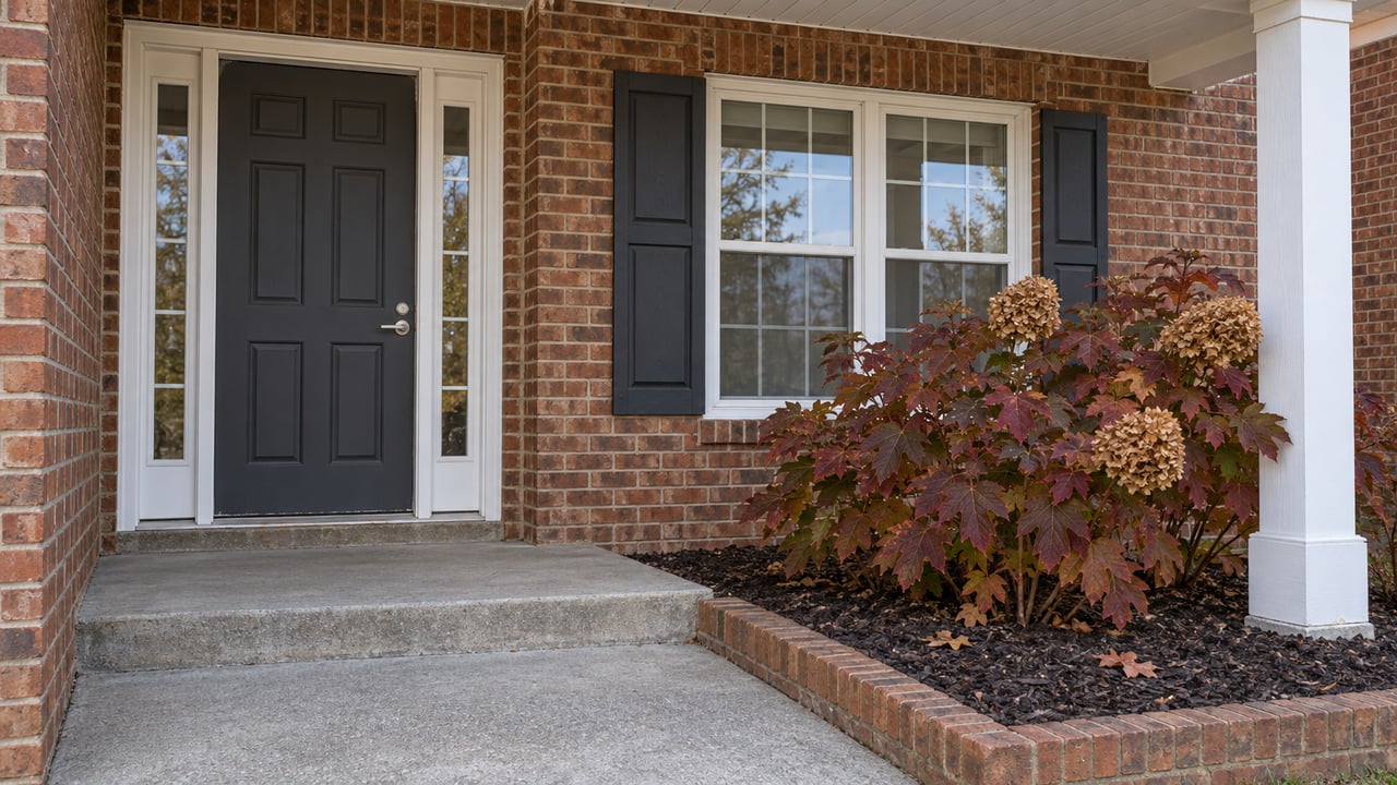 Covered brick townhome entrance with a charcoal door, paired sidelights, white-trimmed window and bronze-leaved oakleaf hydrangea beside a concrete approach.