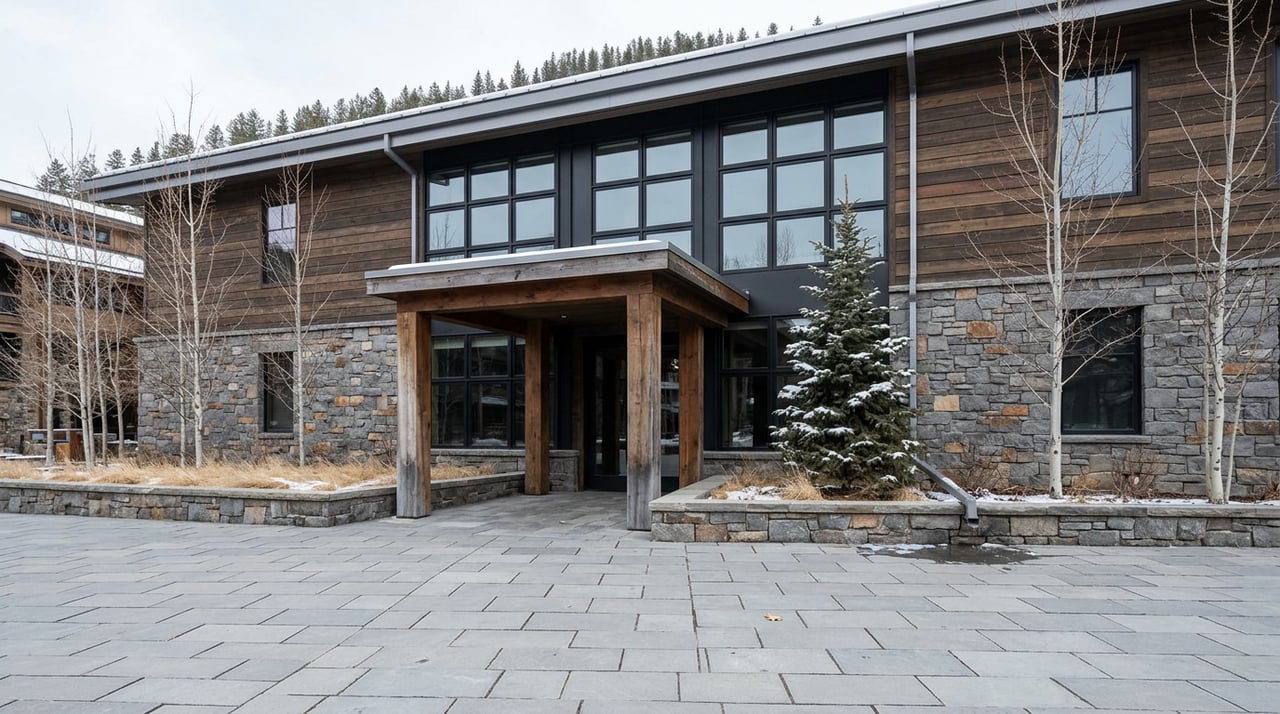 Three-story resort residence with a timber portico, ledgestone facade, black-framed windows, and a paved plaza.