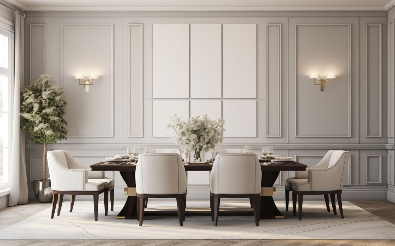 Elegant dining room with a dark table, upholstered chairs, floral centerpiece, and paneled walls.