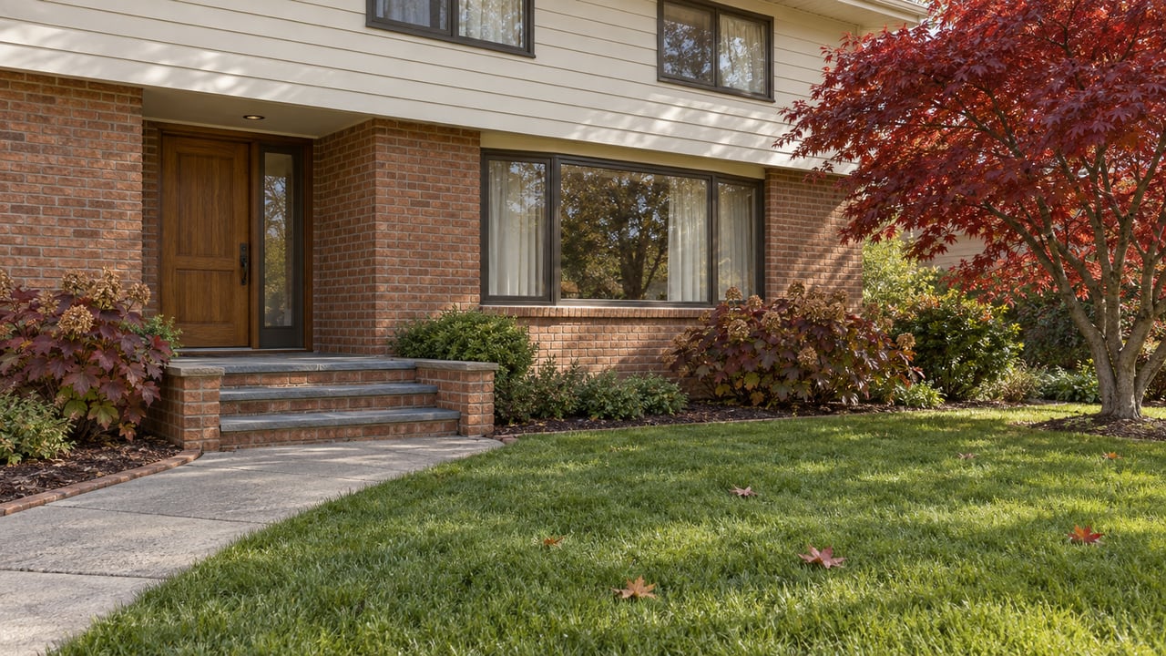 Autumn light on a brick split-level home's oak entry, bluestone steps and front lawn beneath a red Japanese maple.