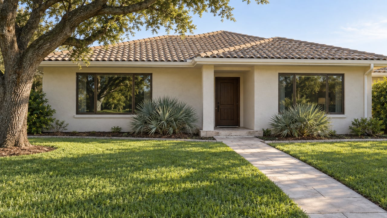 Single-story ivory stucco home with a buff tile roof, recessed wood entry, broad front lawn and mature live oak.