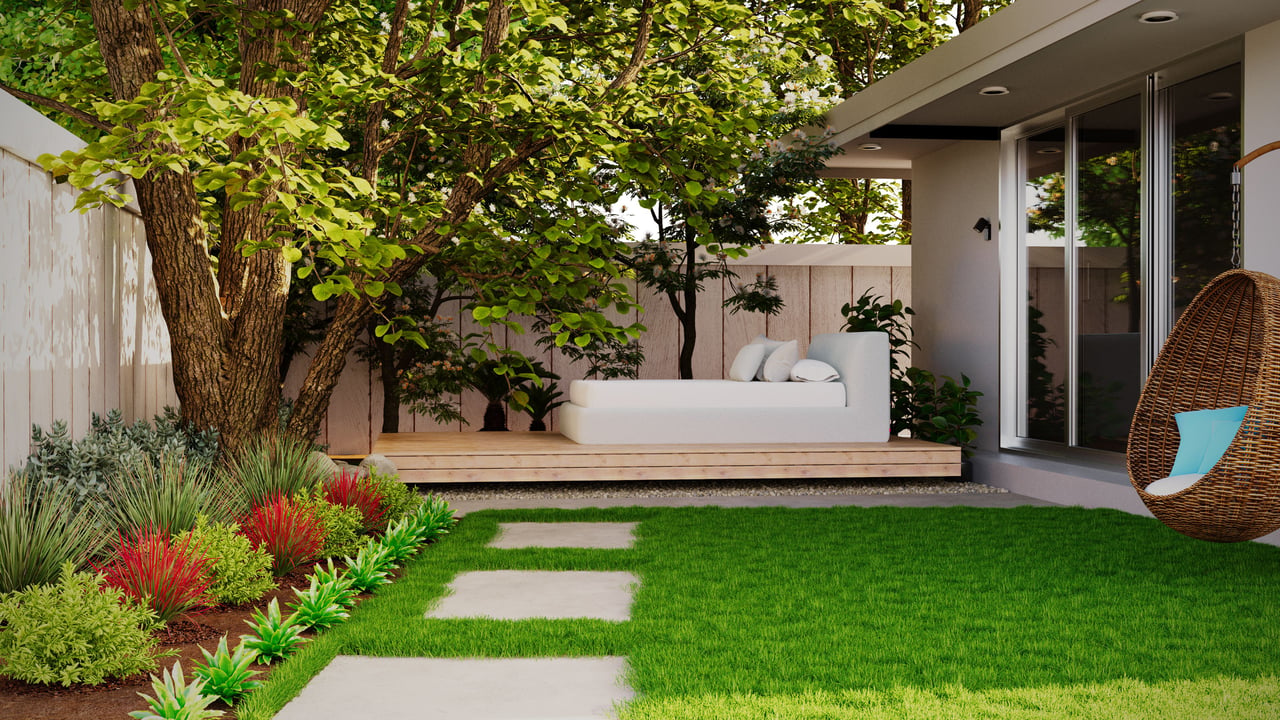 Landscaped backyard with stepping stones, mature trees, a raised deck, and a woven hanging chair.