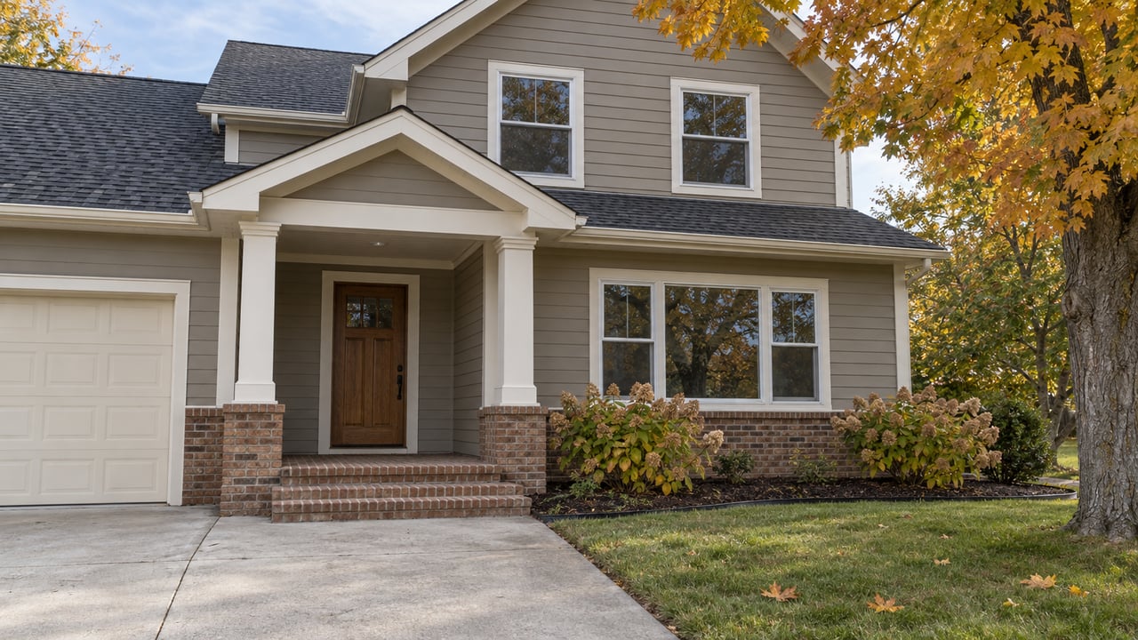 Taupe two-story house with a covered brick porch, white-trimmed windows and an autumn sugar maple beside the lawn.