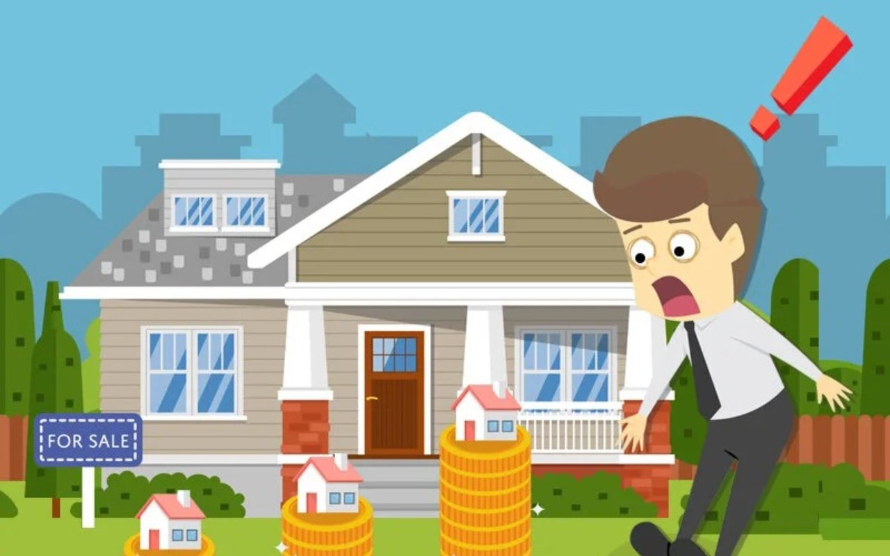 Illustration of a house for sale beside a shocked man and stacks of coins topped with miniature houses.