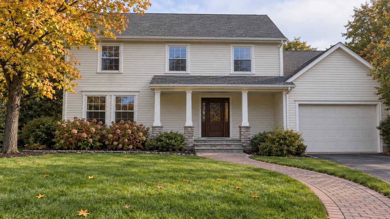 An ivory-sided two-story home behind a deep green lawn and brick walk, with a yellow-orange maple and autumn hydrangeas.