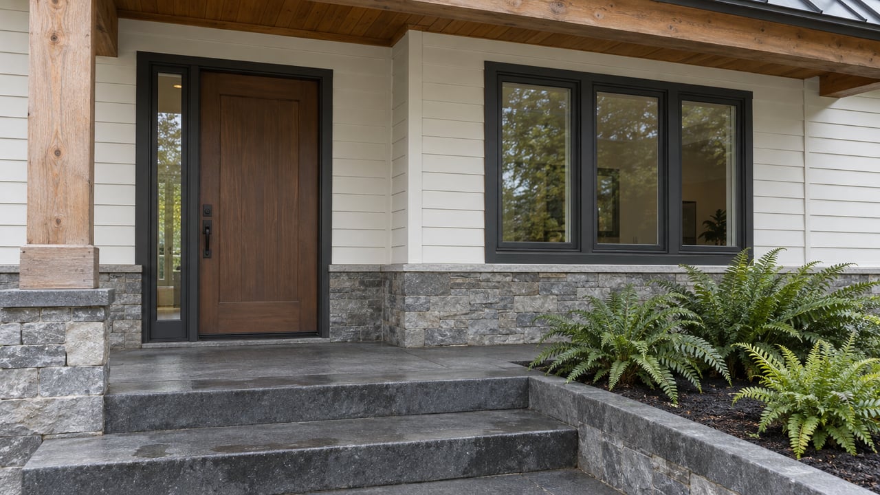 Home entrance with a cedar porch post, fir door, three windows, basalt steps, and ferns.