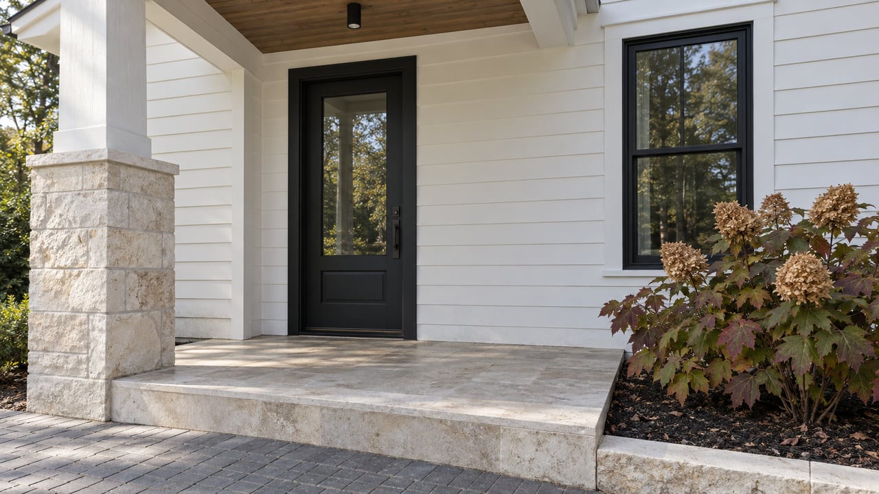 Covered home entry with a black glazed door, white siding, oak soffit, limestone steps and an autumn oakleaf hydrangea.