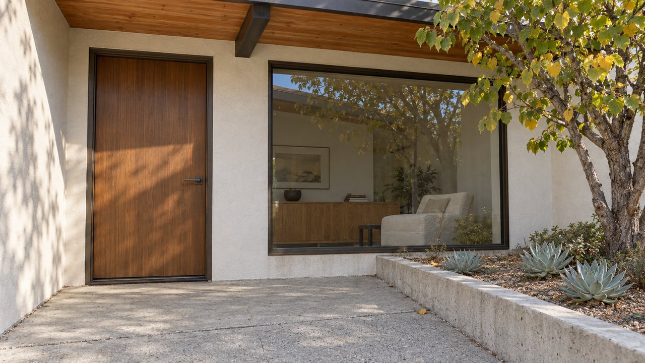 Sunlit stucco home entrance with a fir door, timber roof overhang, broad bronze-framed window and a raised planting bed.