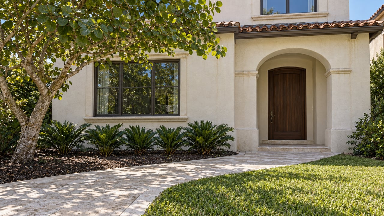 Ivory stucco home with a shaded arched wood entry, bronze-framed windows, limestone walk, and a carefully planted front garden.