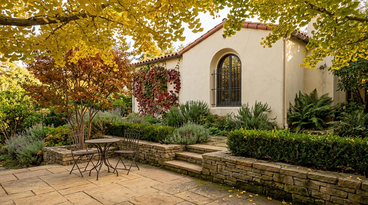 Flagstone terrace with a bistro table, stepped garden, and cream stucco home beneath golden ginkgo leaves.