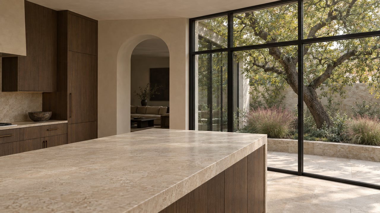 Limestone kitchen island and dark oak cabinets beside steel-framed glass overlooking a tree and planted courtyard.