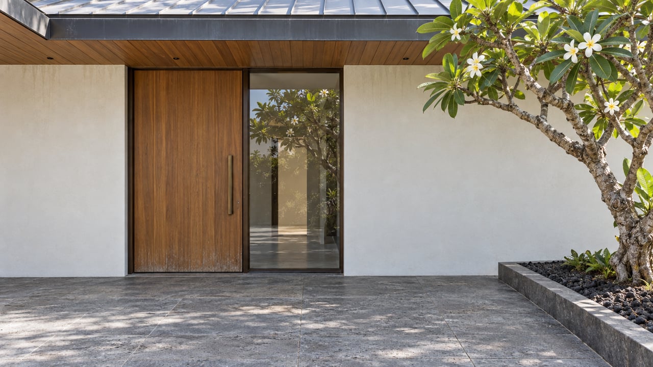 Close view of a warm wood entry door and glazed panel beneath a broad roof, beside a white-flowering plumeria and weathered basalt terrace.