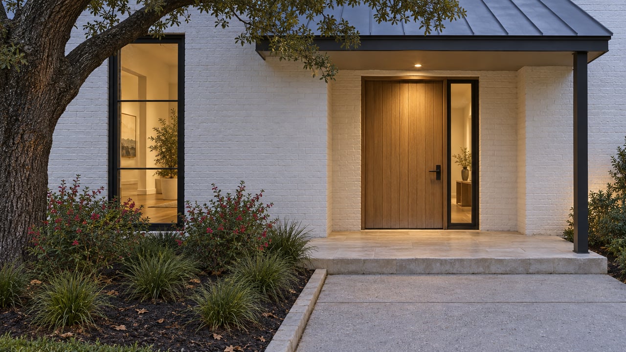White-painted brick home beneath a mature live oak, with a warm oak entry door, dark-framed glazing and a limestone porch at dusk.