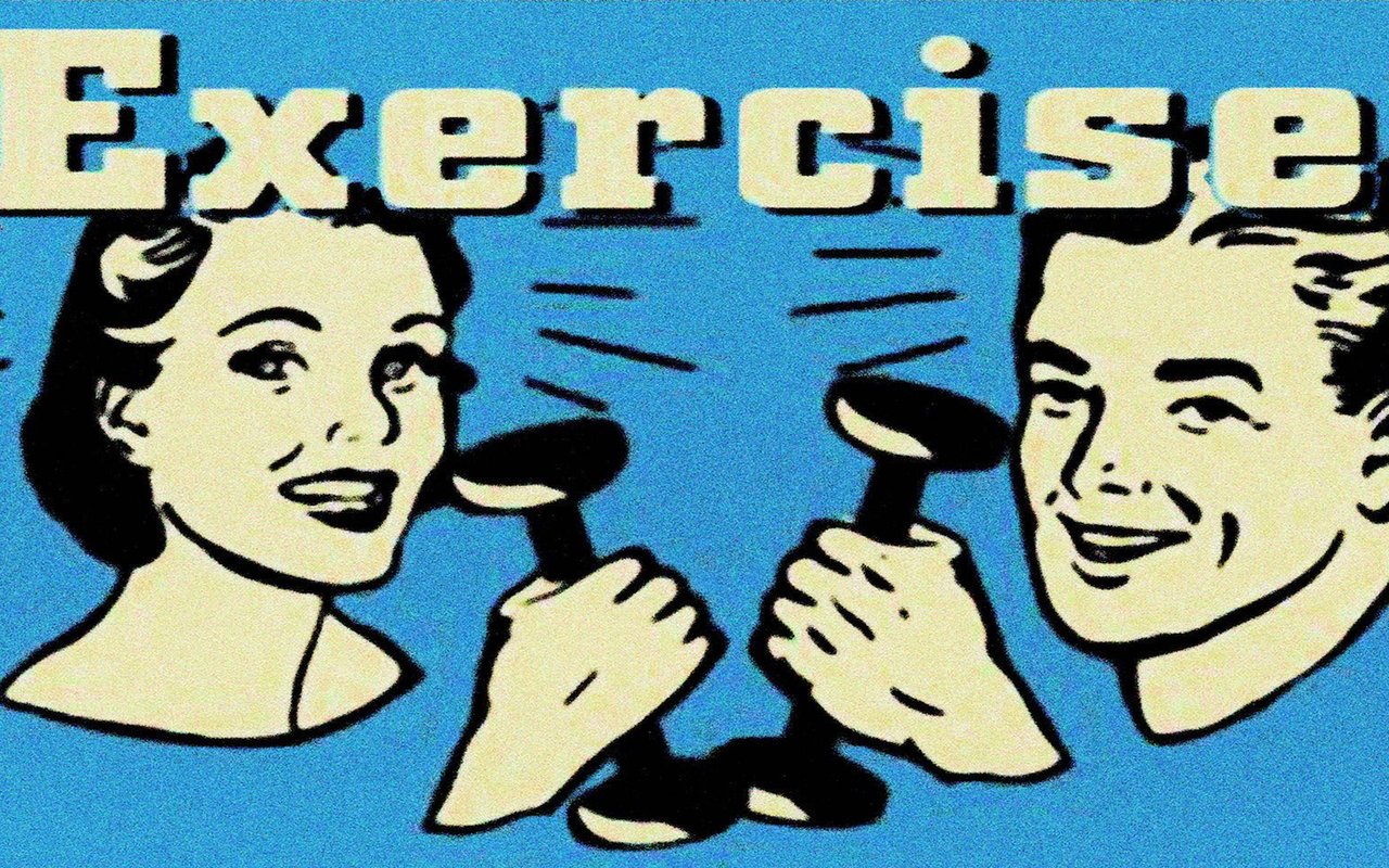 Retro illustration of two people lifting dumbbells beneath the word “Exercise.”