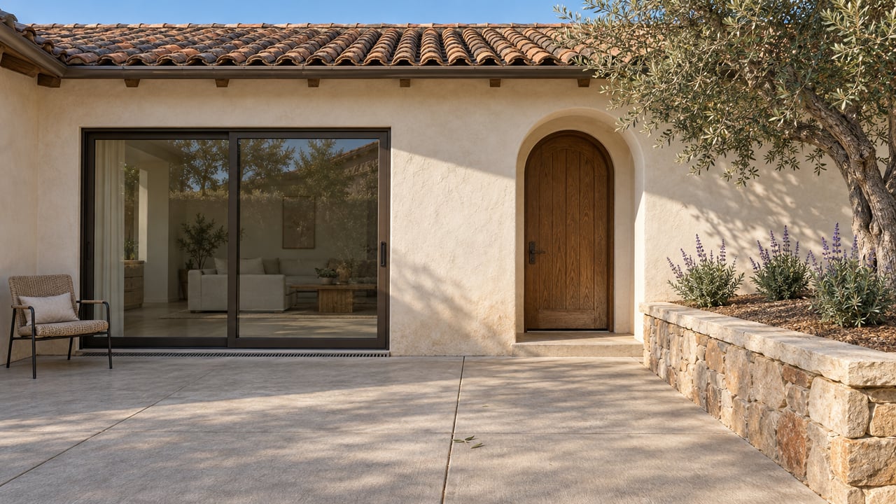 Sunlit stucco courtyard with clay roof tiles, closed glass doors, an oak arched entry and an olive tree in a raised stone bed.