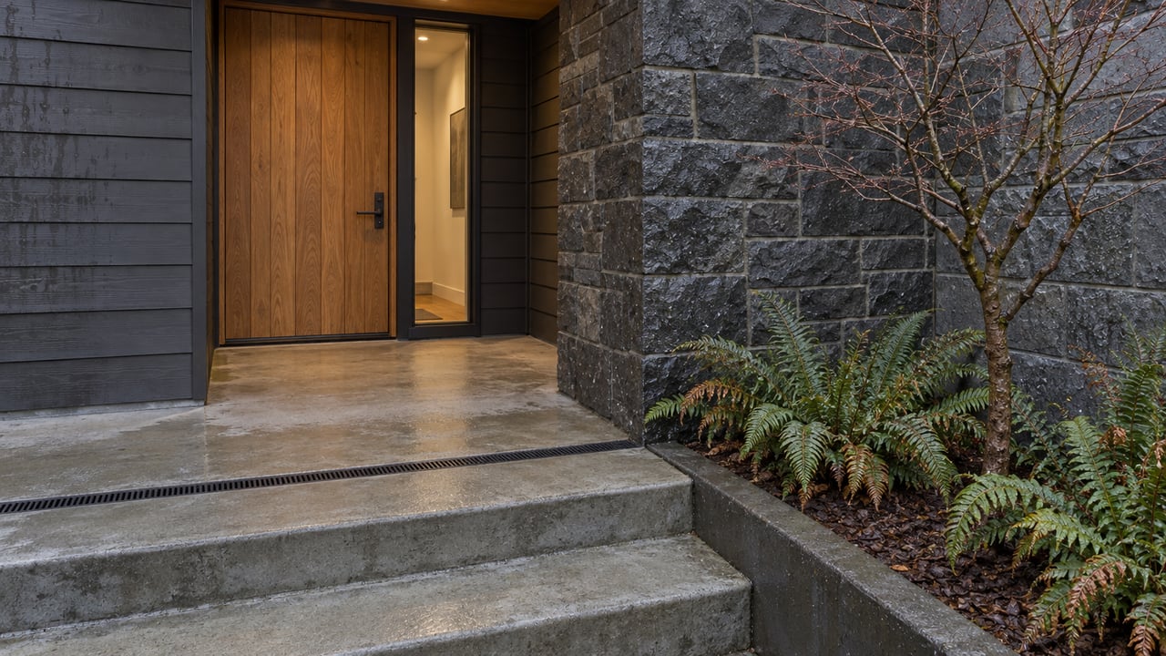 Sheltered oak front door and glazed sidelight beside a basalt wall, with damp concrete steps and a small planted pocket.
