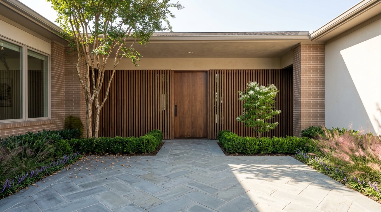 Bluestone courtyard with a centered walnut door, flanked by slatted wood screens and clipped shrubs.