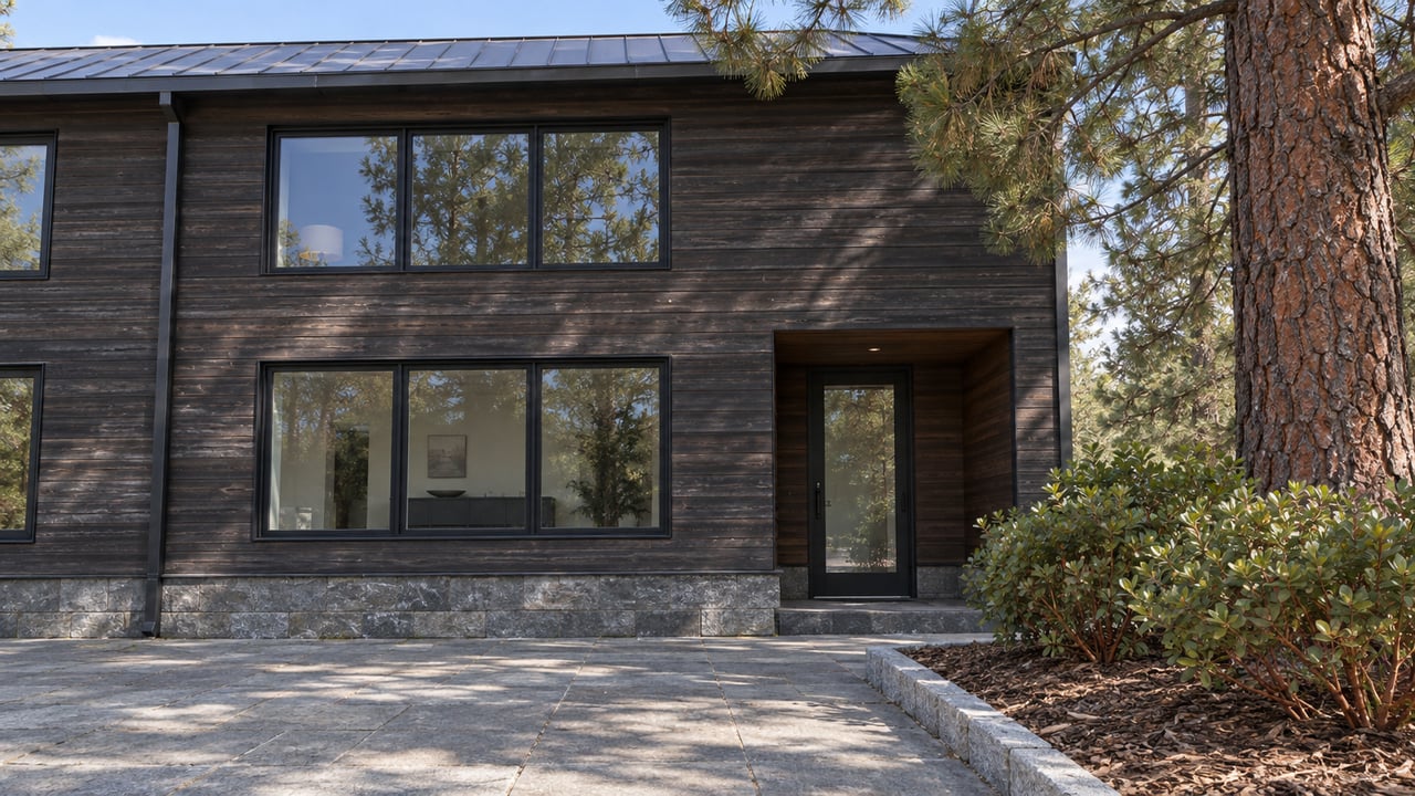 Two-story condominium exterior with dark timber siding, black-framed windows, a stone plinth and a paved shared approach beside a mature pine.