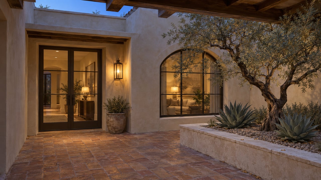 Compact residential courtyard with terracotta paving, a raised planting bed, two agaves, and a warm entry lantern.
