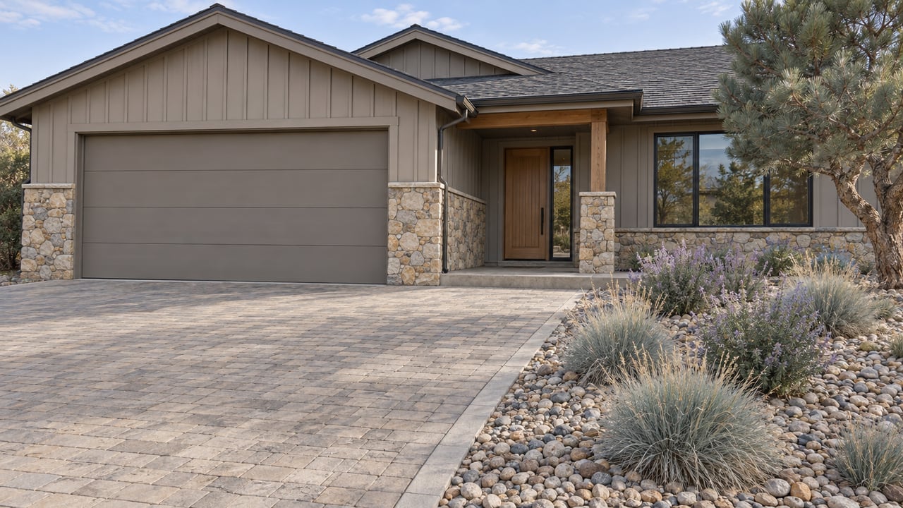 Warm-gray gabled home with stone veneer, a broad paver driveway and drought-tolerant planting in soft afternoon light.