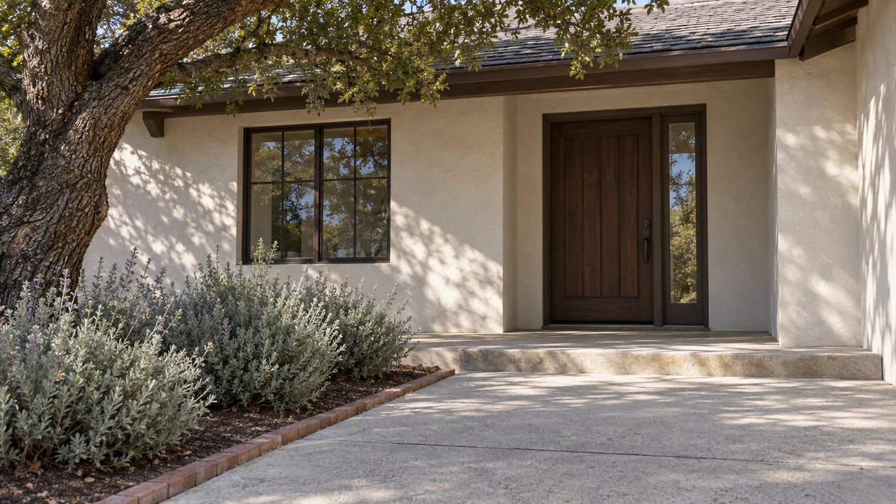Stucco house entry with a dark wood door, divided-light window, oak canopy, and rising concrete approach.
