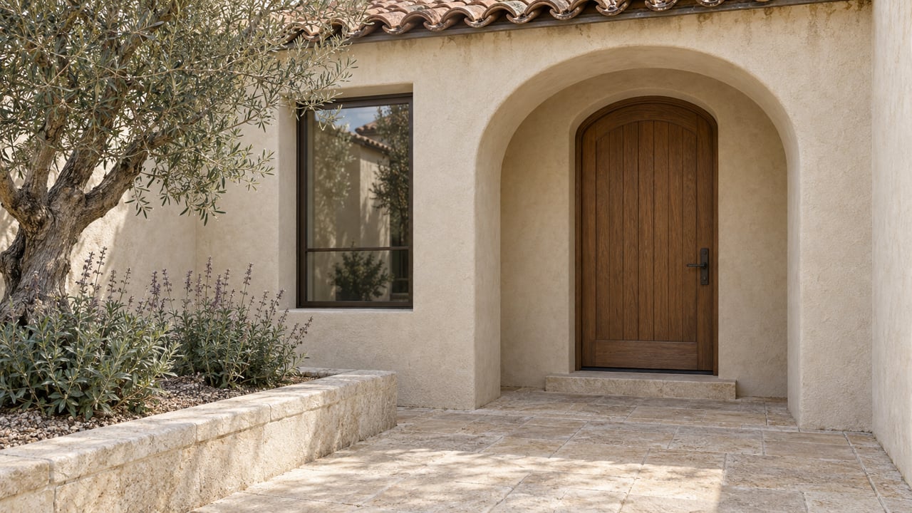 Ivory stucco entry with an arched oak door, limestone paving, and a silver-leaved olive tree in a raised stone planter.