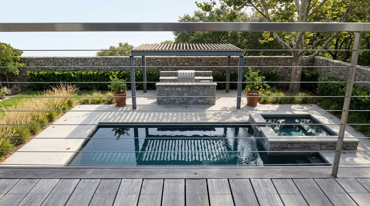 Raised balcony overlooking a terrace with a lap pool, spillover spa, pergola, stone outdoor kitchen, and sycamore.
