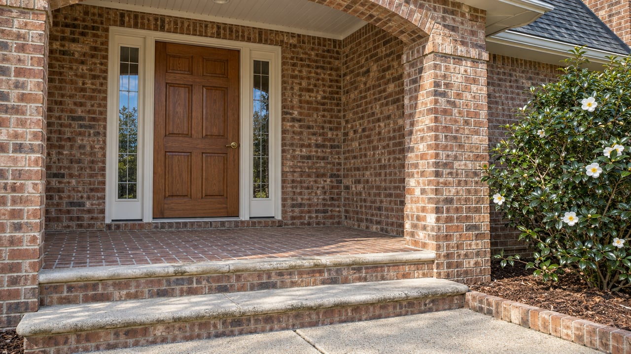 Recessed oak front door with matching sidelights, weathered brick porch and limestone steps beside a white-flowering camellia.
