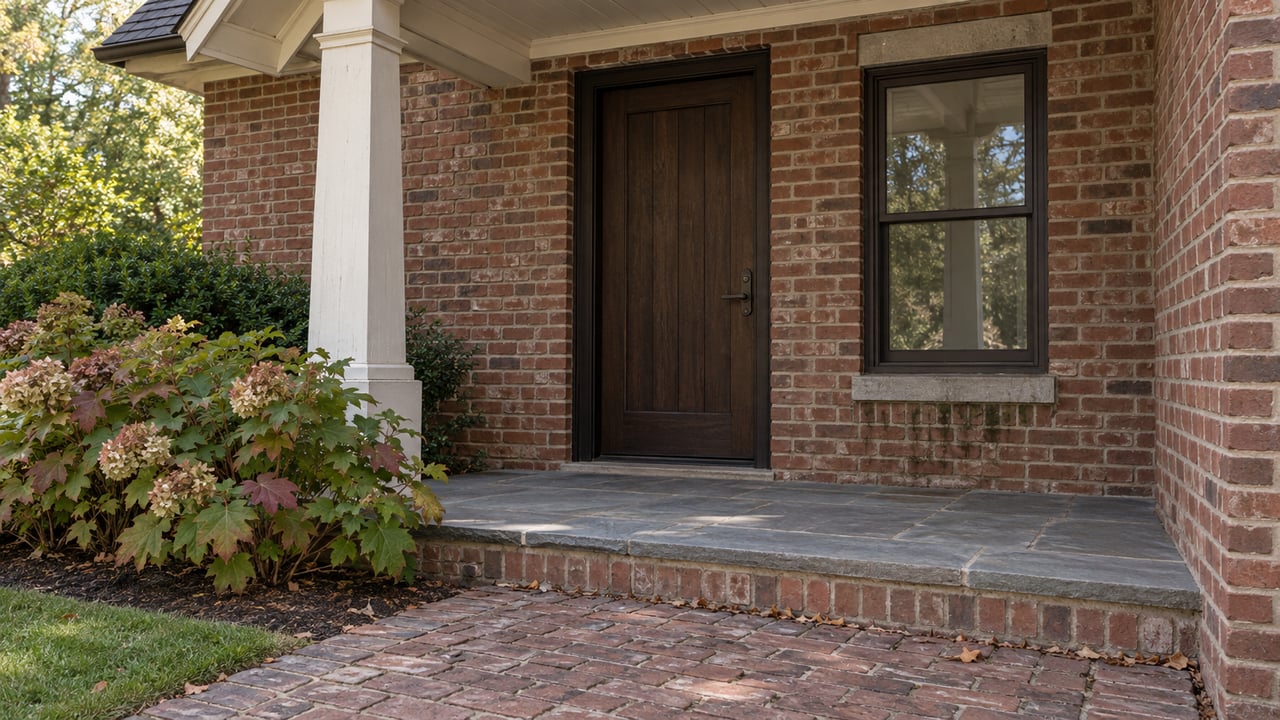 Brick-house entry with recessed wood door, double-hung window, bluestone porch, and bronzing oakleaf hydrangea.