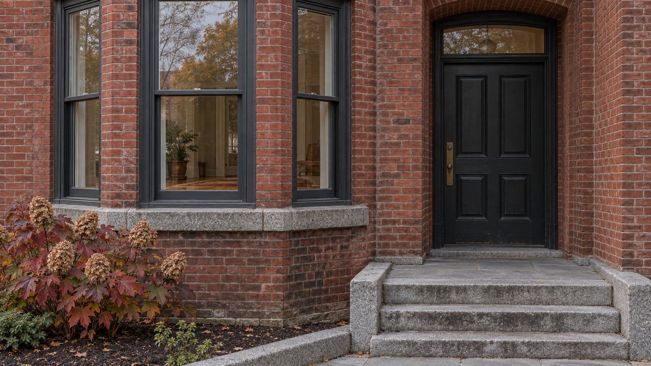 Autumn light on a red brick home's charcoal-framed window bay, recessed black door, and weathered granite steps beside an oakleaf hydrangea.